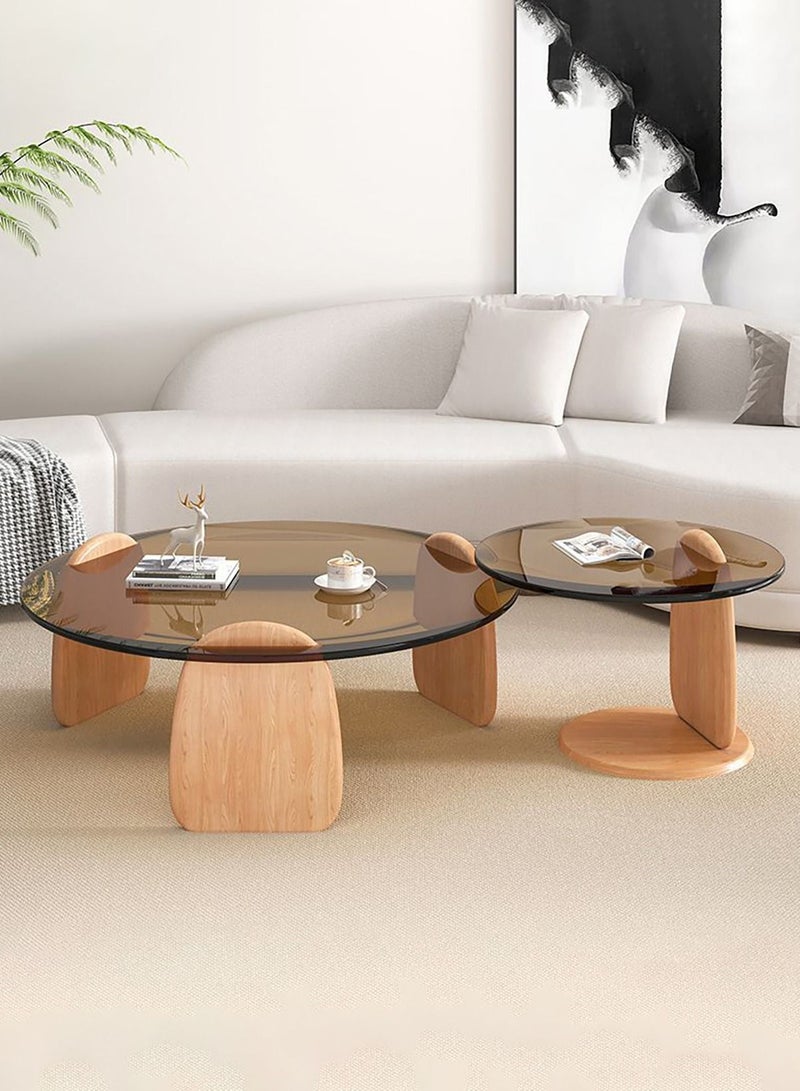 Merry Moments Modern Coffee and Side Table Set Cafe Table Sofa Side Table End Table Snack Table Fshion Design for Living Room Bedroom Office Retail Tempered Glass Top Solid Wood Base Brown Colour - Image 1